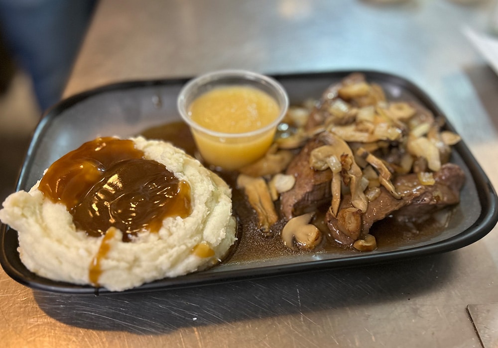 Mashed Potatoes, Beef, Mushroom Gravy.